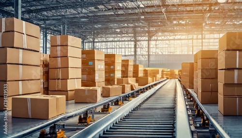 conveyor belt in a distribution warehouse with row of cardboard box packages for e-commerce delivery and automated logistics concepts as wide banner with copysapce area © Beste stock