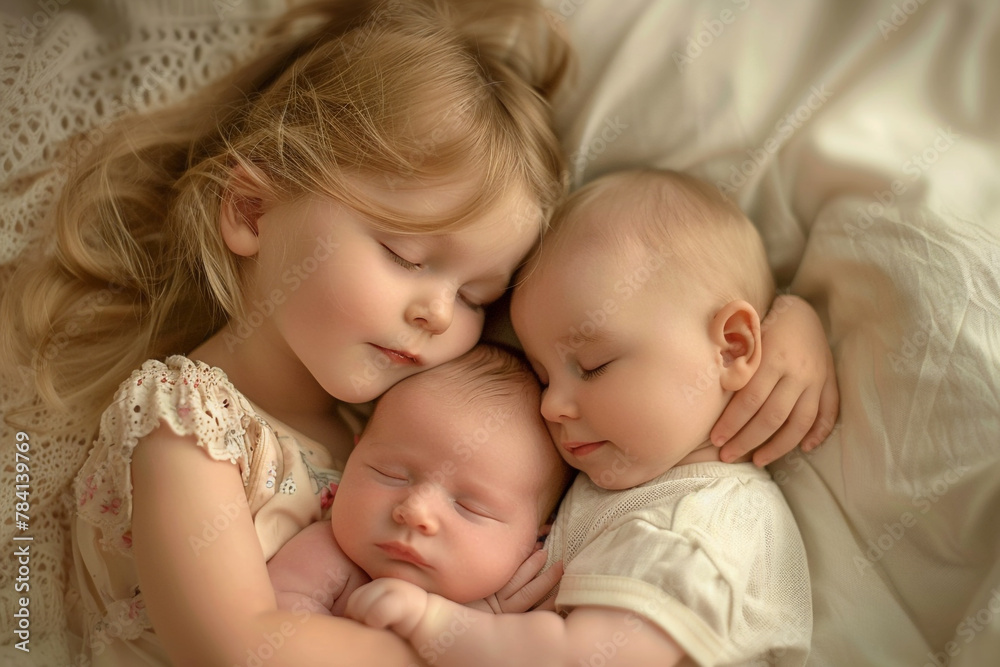 A loving sister gently rocking her baby brother and sister to sleep, a lullaby in her heart.