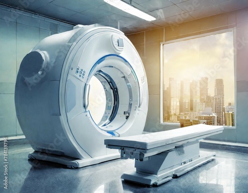 advanced mri or ct scan medical diagnosis machine at hospital lab as wide banner with copy space area