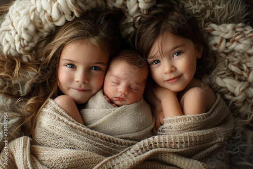 A loving sister and her baby brother and sister cuddling together under a soft, knitted blanket.