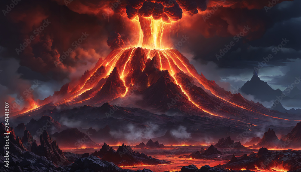 A dramatic scene of an active volcano with a lava flow. The volcano is surrounded by a desolate landscape, with a stormy sky in the background.