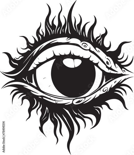 Hellfire Observation Devils Hold on Eyeball Emblem Infernal Illumination Demons Clasp on Ocular Symbol