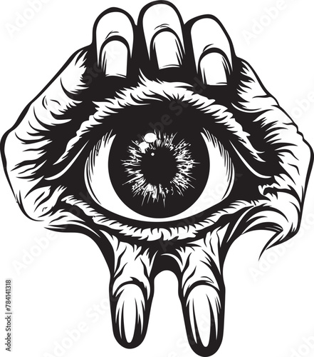 Abyssal Gaze Devils Grip on Ocular Emblem Maleficent Vision Demon Hand and Eyeball Vector Icon