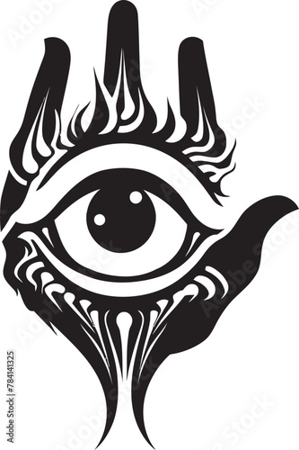 Fiendish Vision Devils Grip on Eyeball Icon Lucifers Gaze Demon Hand and Eyeball Vector Symbol