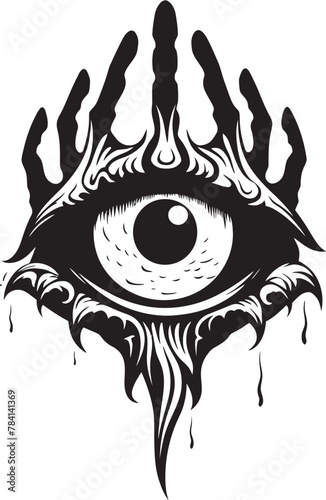 Malefic Gaze Demon Hand and Eyeball Vector Logo Infernal Illumination Devils Clasp on Eyeball Emblem