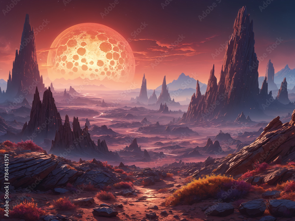 A desert alien landscape with a large glowing moon in the center. The surrounding area features a mix of rocks, sand, and sparse vegetation, giving the scene a barren and desolate appearance.