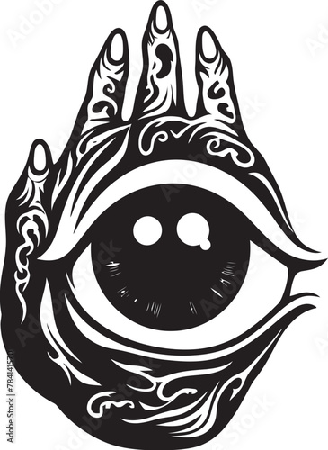Lucifers Gaze Devils Grip on Ocular Emblem Demonic Insight Demon Hand with Eyeball Vector