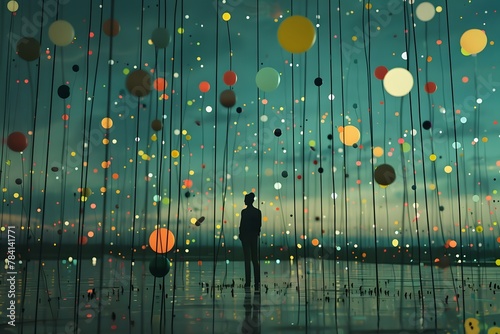A person stands in a field of colorful balls. The balls are of various sizes and colors, creating a vibrant and lively atmosphere. The person appears to be looking up at the sky photo