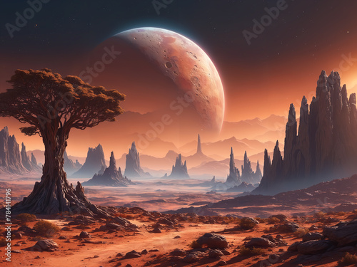 A desert alien landscape with a tree and a planet in the background. The scene is set against a red sky  creating a striking contrast between the elements in the image.