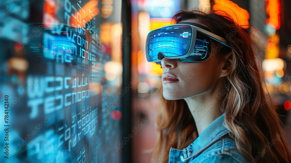 Young woman using augmented reality goggles in the city at night. Virtual reality concept. generativa IA Young woman using augmented reality goggles in the city at night. Virtual reality concept. generativa IA