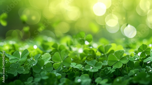 a group of green clovers with water droplets on them © progressman