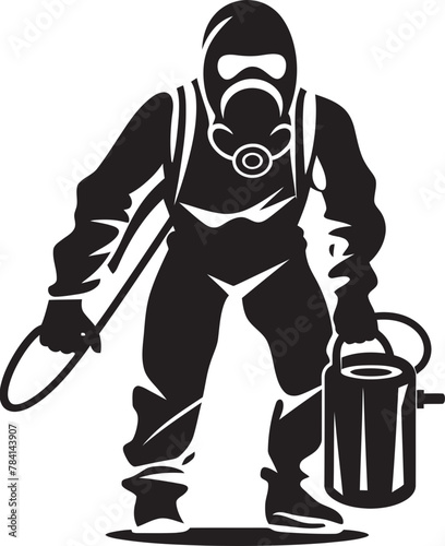 Bug Banisher Man with Fumigator Emblem Design Fume Guardian Vector Logo Icon