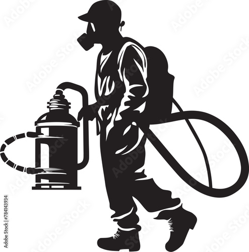 Pest Protector Man with Sprayer Icon Design Fume Defender Vector Logo Emblem