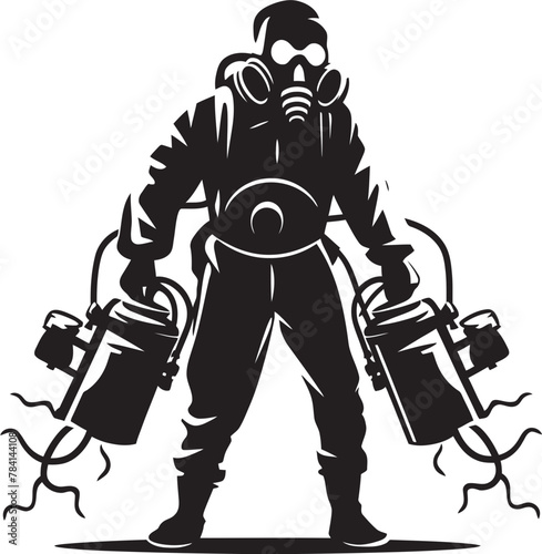 PestPatrol Fumigating Man Iconic Design FumeGuard Pest Control Emblem Vector