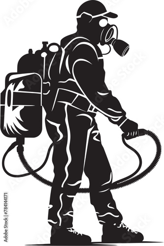 BugBanish Vector Emblem Design PestPioneer Fumigating Man Symbolic Emblem