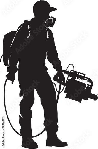 Pest Purger Fumigating Man Iconic Design Bug Buster Vector Icon Emblem