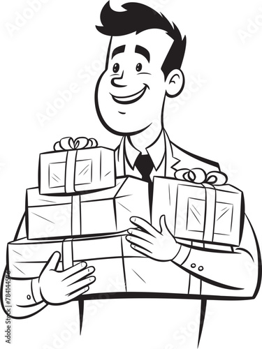 Merry Messenger Present Stack Symbol Emblem Gift Gatherer Man Carrying Presents Iconic Design