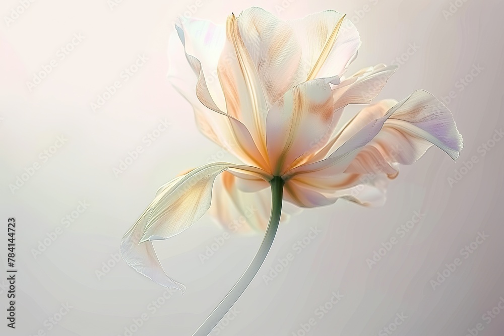 A blurry illustration photo of a swirling flower with a long stem, white background, soft yellow tones and color