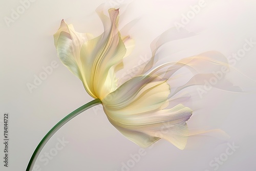 A blurry illustration photo of a swirling flower with a long stem  white background  soft yellow tones and color