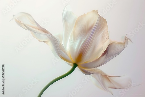 A blurry illustration photo of a swirling flower with a long stem  white background  soft yellow tones and color
