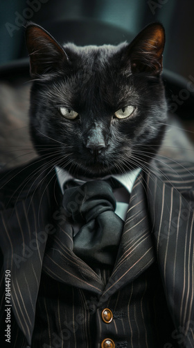 Illustration black cat as mafia boss in photorealistic style  serious look  wearing suit  on dark background