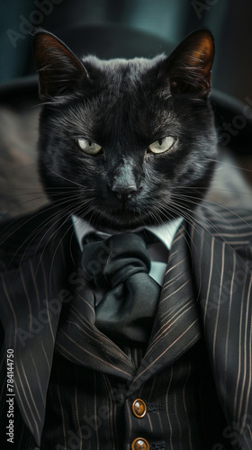 Illustration black cat as mafia boss in photorealistic style, serious look, wearing suit, on dark background
