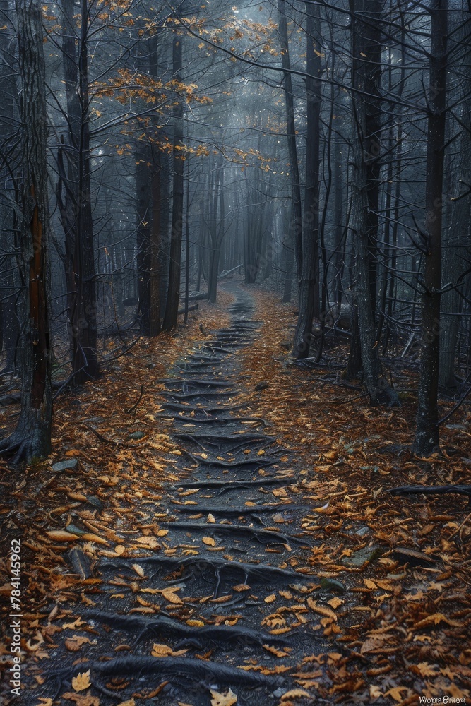 Fototapeta premium A single, illuminated path through a dark forest, symbolizing the clarity and simplicity that guides us through complexity.