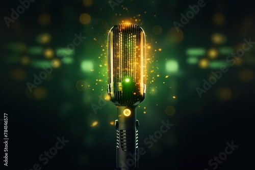 Yellow and green Mic, bright luminescence white light, made out of light beams, bubbles, particles, sparkles, glitch