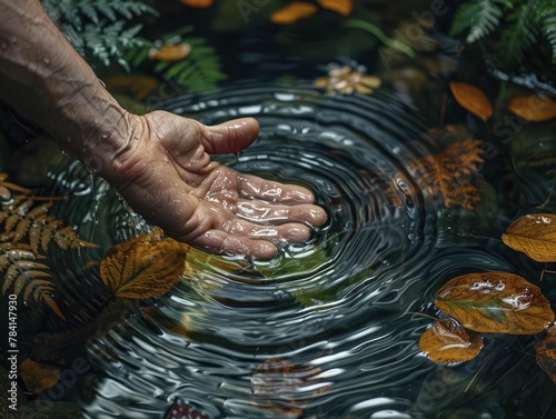 The simple act of a hand reaching out to touch water captures the complex interplay of human interaction with nature.