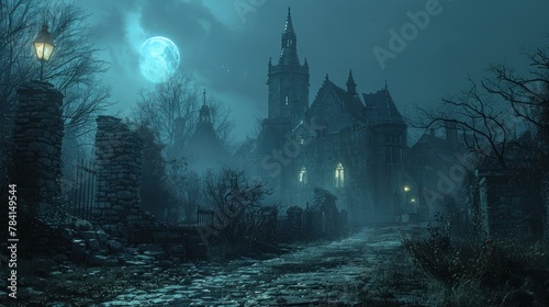 old village street at night tells a silent story, Gothic Moonlit Manor © Henry