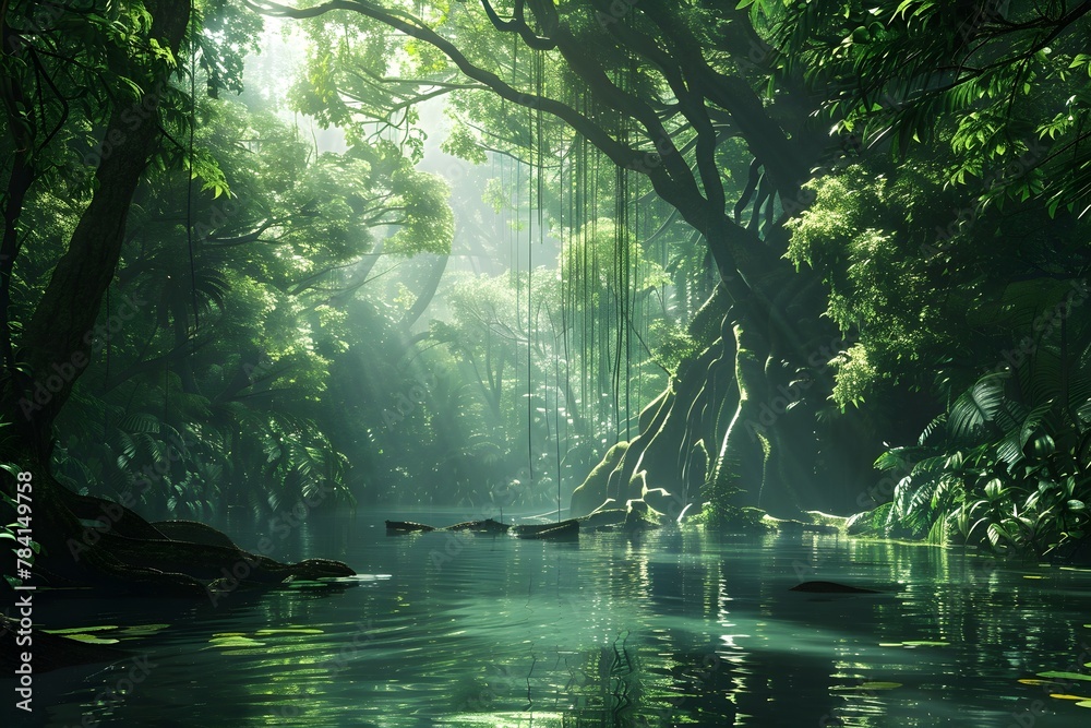 Obraz premium Captivating Tropical Jungle Landscape with Lush Foliage,Tangled Vines,and Hidden Waterways
