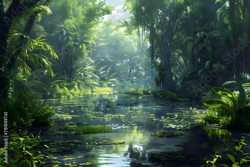 Lush and Enchanting Tropical Jungle with Tangled Vines,Towering Trees,and Hidden Waterways