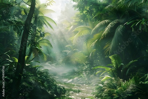 Lush Tropical Jungle with Tangled Vines Hidden Waterways and Enchanting Atmosphere
