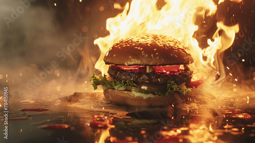 Flaming hot hamburger with fiery flames sizzling fast food concept photo