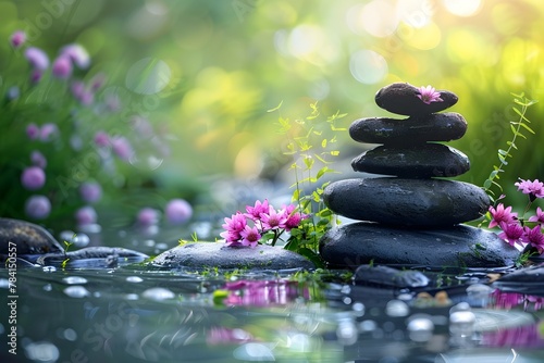 Stones Balanced in a Serene Pond Surrounded by Lush Greenery,Promoting Wellness and Relaxation