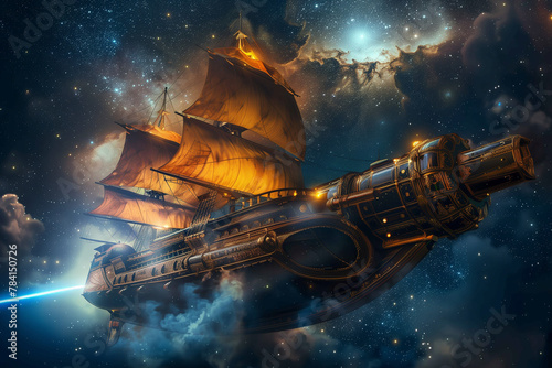 Space Sailing Ship traversing the galaxy, showcasing stars, science fiction, and star wars-like technology photo