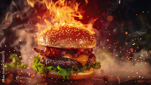 Blazing hot hamburger with fiery flames sizzling grill masterpiece photo