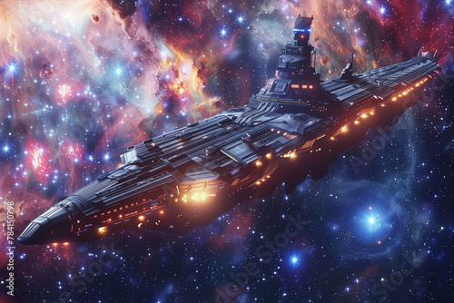 Imperial SpaceShip cruising at light speed across the galaxy, featuring science fiction and star wars-inspired technology photo