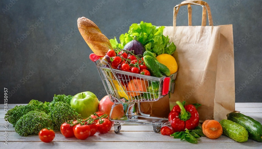 grocerries and vegetables, fruits shopping cart and paper bag grocerries and vegetables, fruits shopping cart and paper bag