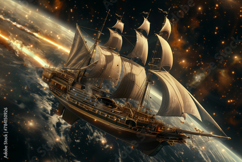 Space Sailing Ship sailing the outer reaches, merging classic sailing with star wars-inspired galactic exploration