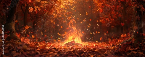 A bonfire burns in a forest clearing. The leaves are falling from the trees and the fire is crackling. photo