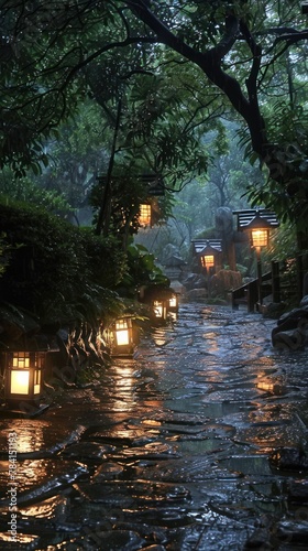 A stone path through a forest with paper lanterns