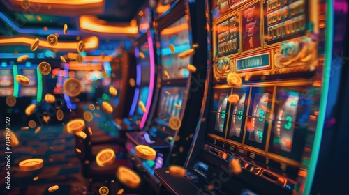 An image of flashing lights and spinning reels on a slot machine big win with coins spilling out. photo