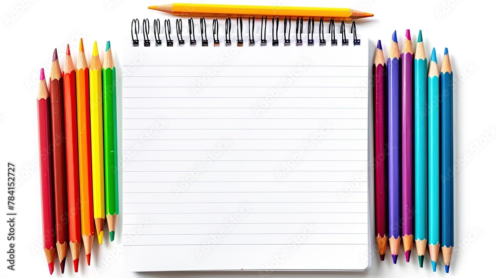 Colorful Pencil Arrangement with Notebook on White Table - Top View Colorful Pencil Arrangement with Notebook on White Table - Top View
