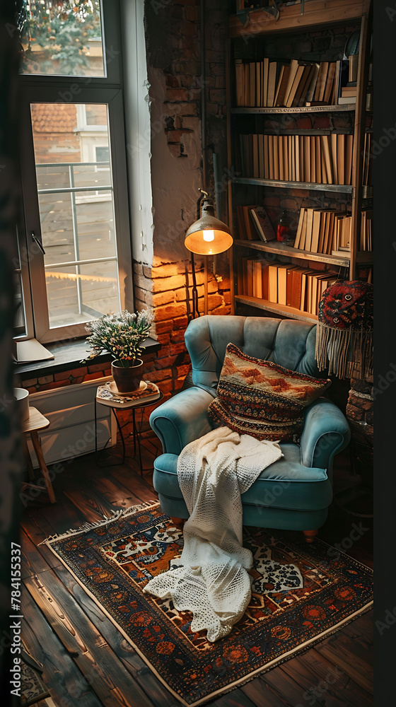 Overhead view of a cozy reading corner with a floor lamp, scandinavian style interior