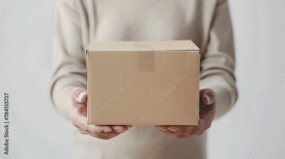 A parcel cardboard box in a delivery man hands on a white background. Delivery service concept. A parcel cardboard box in a delivery man hands on a white background. Delivery service concept.