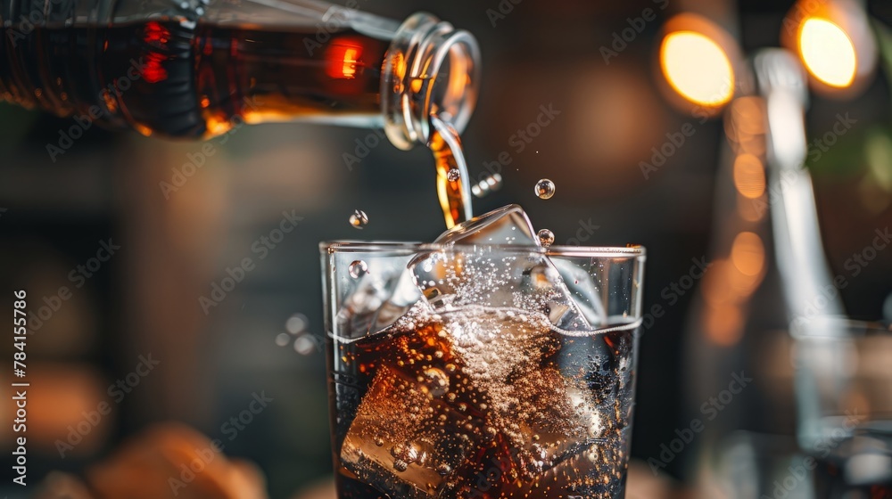 Bottle pouring coke in drink glass with ice cubes