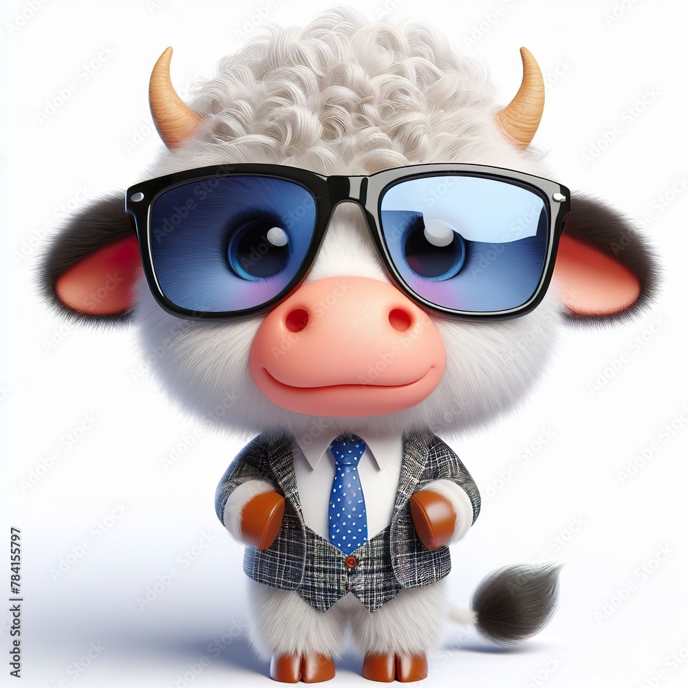 a cute cow wearing suit and cool fashion eyeglasses , funny, happy, smile, white background