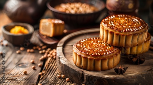 A mooncake is a Chinese bakery product traditionally eaten during the Mid-Autumn Festival. photo