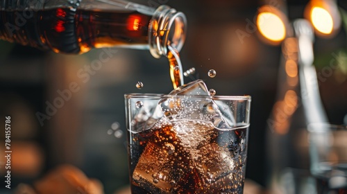 Bottle pouring coke in drink glass with ice cubes photo